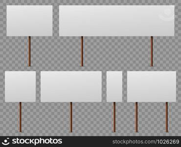 Protest banners. Blank white placard with wooden stick. Politic strike boards realistic vector holding public broadsheet template. Protest banners. Blank white placard with wooden stick. Politic strike boards realistic vector template