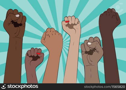 Protest concept banner, raised up fists in different skin color illustration.