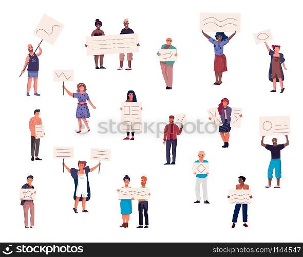 Protest crowd characters. People standing together and holding banners and placard. Cartoon political meeting and parade concept. Vector protesters or worker activists protesting on street. Protest crowd characters. People standing together and holding banners and placard. Cartoon political meeting and parade concept. Vector protesters or activists