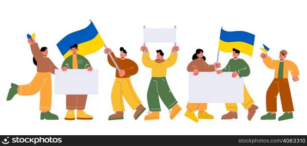 Protest demonstration against war with people holding Ukrainian flags and white banners. Vector flat illustration of group of men and women on demonstration for peace and freedom of Ukraine. Protest demonstration against war in Ukraine
