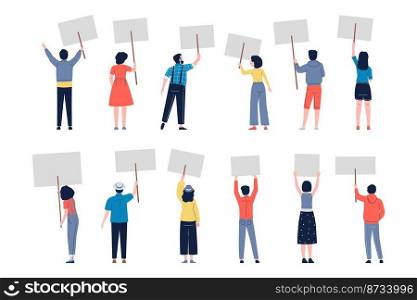Protest demonstration characters with placards stand backs on picket. Young movement activists hold banner, demonstrating crowd recent vector set of protest demonstration placard illustration. Protest demonstration characters with placards stand backs on picket. Young movement activists hold banner, demonstrating crowd recent vector set