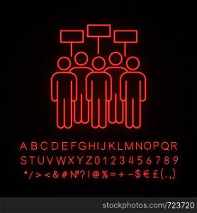 Protest event neon light icon. Political protest. Social movement. Public opinion. Protesters with banners. Demonstration, meeting. Glowing sign with alphabet, numbers. Vector isolated illustration. Protest event neon light icon