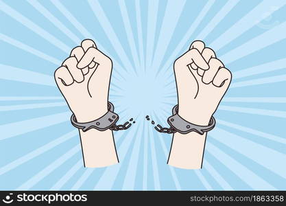 Protest, human rights and fetters concept. Human Raised protest arms fist breaking chains of fetters raising high up knuckles vector illustration . Protest, human rights and fetters concept