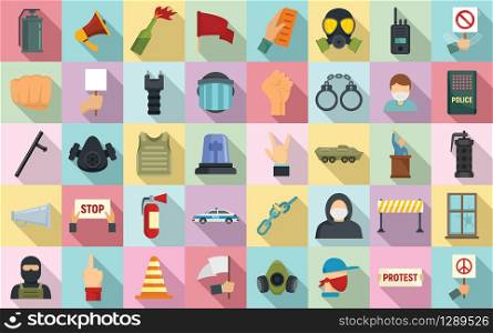 Protest icons set. Flat set of protest vector icons for web design. Protest icons set, flat style
