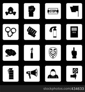 Protest icons set in white squares on black background simple style vector illustration. Protest icons set squares vector