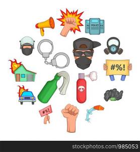 Protest items icons set. Cartoon illustration of 16 protest items vector icons for web. Protest items icons set, cartoon style