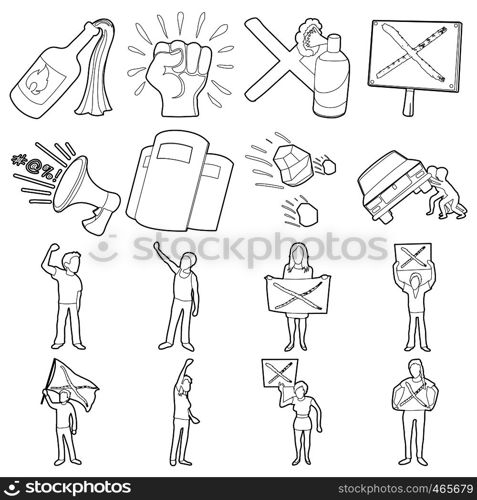 Protest items icons set. Outline illustration of 16 protest items vector icons for web. Protest items icons set, outline style