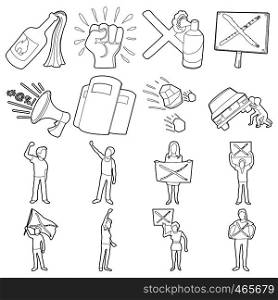 Protest items icons set. Outline illustration of 16 protest items vector icons for web. Protest items icons set, outline style