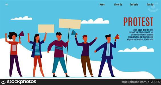 Protest landing page. Protesting activists with loudspeakers, people with placards. Human rights and working strike vector executive announcements web design. Protest landing page. Protesting activists with loudspeakers, people with placards. Human rights and working strike vector web design