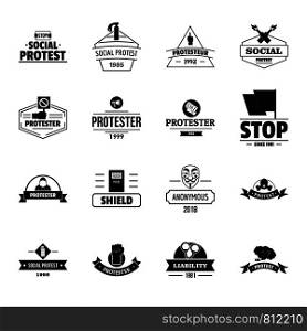 Protest logo icons set. Simple illustration of 16 protest logo vector icons for web. Protest logo icons set, simple style