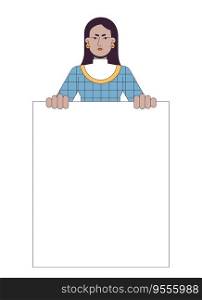 Protest marching flat line color vector character. Sad woman holding blank. Slogan. Editable outline half body person on white. Simple cartoon spot illustration for web graphic design. Protest marching flat line color vector character