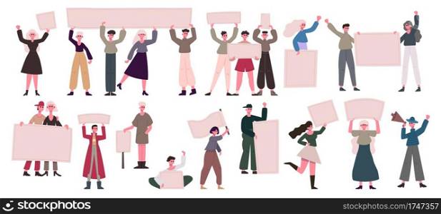 Protest people crowd. Manifesting activists male and female characters holding blank banners. Diverse protesting group vector illustration set. Protest and demonstration, strike picket. Protest people crowd. Manifesting activists male and female characters holding blank banners. Diverse protesting group vector illustration set