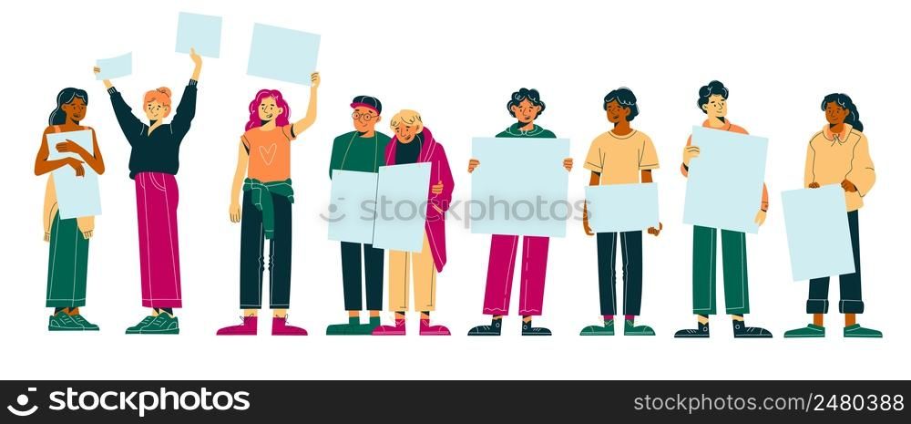Protest people. Peaceful rally, multiracial men and women hold blank banners, guys and girls in casual clothes standing, elderly couple, young activists demonstrating, human rights vector isolated set. Protest people. Peaceful rally, multiracial men and women hold blank banners, guys and girls in casual clothes standing, elderly couple, young activists demonstrating, human rights vector set