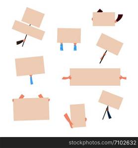 Protest placard. Hands holding blank banners. Demonstration activist speech - vector illustration manifestation with protest or campaigning on white background. 040619 Protest placard. Hands holding blank banners. Demonstration activist speech