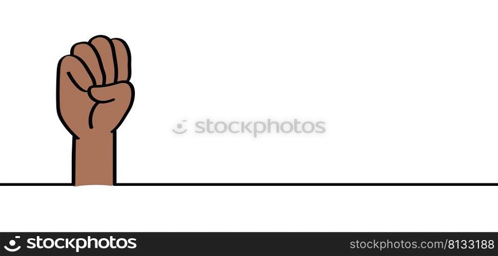Protest symbol for black lives matter or World refugee day or Day of abolitionism. Cartoon black, white hand. Clenched fist, resistance, revolution concept. No more slavery. Vector icon or pictogram.
