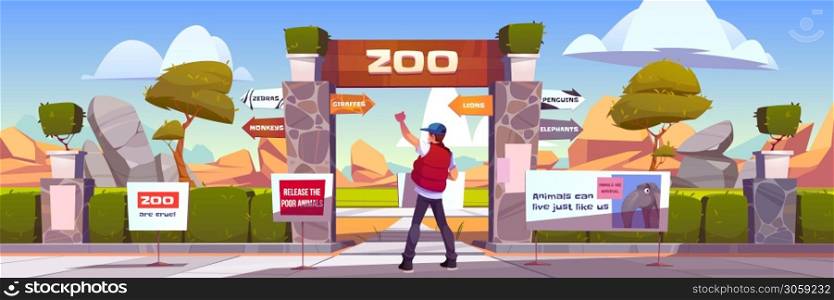 Protest to stop animal abuse, activist with banner strike against zoo and cruelty to pets. Man holding agitation poster at park entrance with pointer to cages, save nature cartoon vector illustration. Protest to stop animal abuse, activist with banner