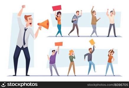 Protested people. Strike crowd with banners holding demonstration placard exact vector cartoon illustrations set of crowd demonstration and strike protest. Protested people. Strike crowd with banners holding demonstration placard exact vector cartoon illustrations set