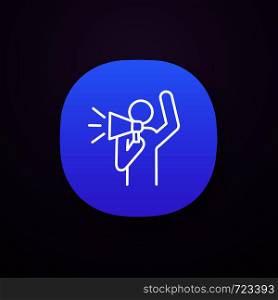 Protester app icon. Protest individual action. Breaking news. Protest speech. Man shouting slogans. Person holding megaphone. UI/UX interface. Web or mobile application. Vector isolated illustration. Protester app icon