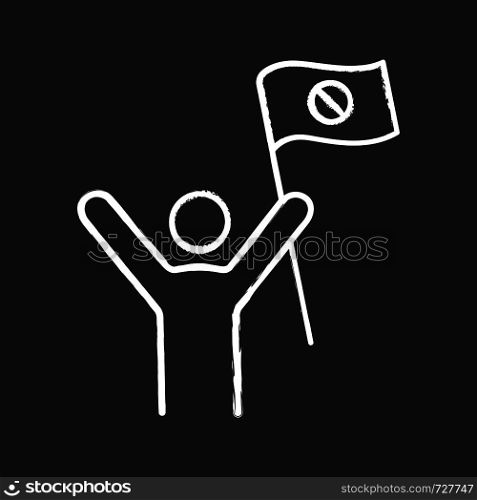 Protester chalk icon. Protest event. Social or political movement. Person holding protest flag. Contentious action. Isolated vector chalkboard illustration. Protester chalk icon