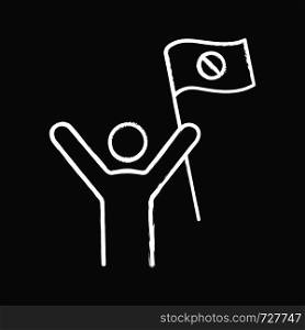 Protester chalk icon. Protest event. Social or political movement. Person holding protest flag. Contentious action. Isolated vector chalkboard illustration. Protester chalk icon