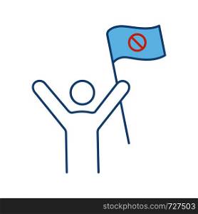 Protester color icon. Protest event. Social or political movement. Person holding protest flag. Contentious action. Isolated vector illustration. Protester color icon