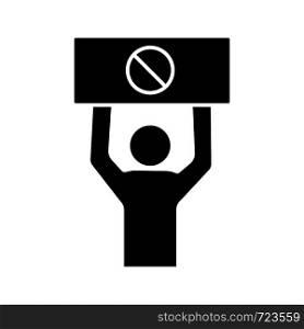 Protester glyph icon. Protest event. Social or political movement. Person holding protest banner. Human rights protection. Contentious action. Silhouette symbol. Vector isolated illustration. Protester glyph icon