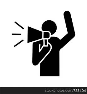 Protester glyph icon. Protest individual action. Breaking news. Protest speech. Man shouting slogans. Person holding megaphone. Silhouette symbol. Negative space. Vector isolated illustration. Protester glyph icon
