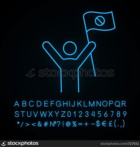Protester neon light icon. Protest event. Social or political movement. Person holding protest flag. Contentious action. Glowing sign with alphabet, numbers and symbols. Vector isolated illustration. Protester neon light icon