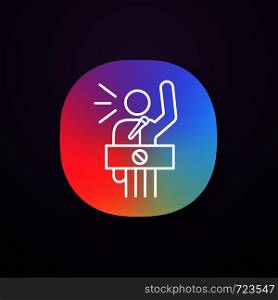 Protester speech app icon. Political protest. Political or social movement participant. Protest leader. Person shouting slogans. UI/UX user interface. Mobile application. Vector isolated illustration. Protester speech app icon