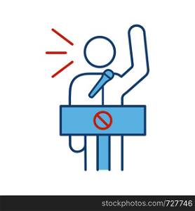 Protester speech color icon. Political protest. Political or social movement participant. Protest leader. Person shouting slogans. Isolated vector illustration. Protester speech color icon