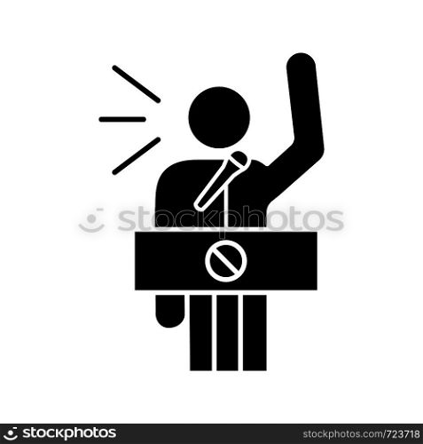 Protester speech glyph icon. Political protest. Political or social movement participant. Protest leader. Person shouting slogans. Silhouette symbol. Negative space. Vector isolated illustration. Protester speech glyph icon