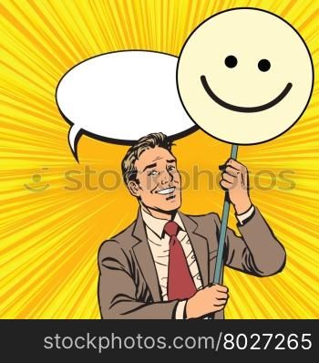 Protester with a poster Emoji smiley pop art retro vector. Smile joy positive. Political support. Protester with a poster Emoji smiley