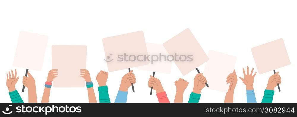 Protesters holding signs. People fight for rights, banner revolution, protest and demonstration, freedom riot. Vector illustration. Protesters holding signs. People fight for rights