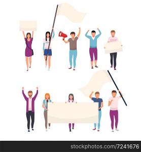 Protesters with blank placards flat vector characters set. Political protest, social movement participants holding empty banners. Human rights protection manifestation isolated cartoon illustrations