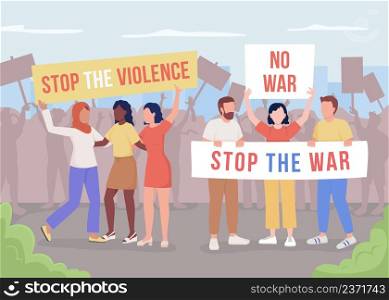 Protesting against War flat color vector illustration. Stop violence. No war. People fighting for human rights 2D simple cartoon characters with crowd on background. Bebas Neue font used. Protesting against War flat color vector illustration