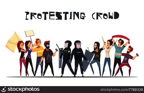Protesting crowd design concept with cartoon characters of protesters and policemen armed with batons and shields vector illustration . Protesting Crowd Design Concept