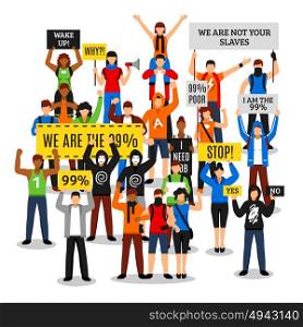 Protesting Crowd Faceless Composition. Composition of protesting crowd with colorful people characters faceless rioters holding various placards with editable text vector illustration