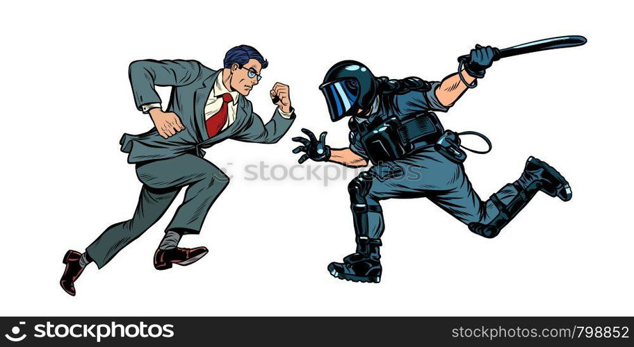 protesting man. riot police with a baton. Pop art retro vector ...