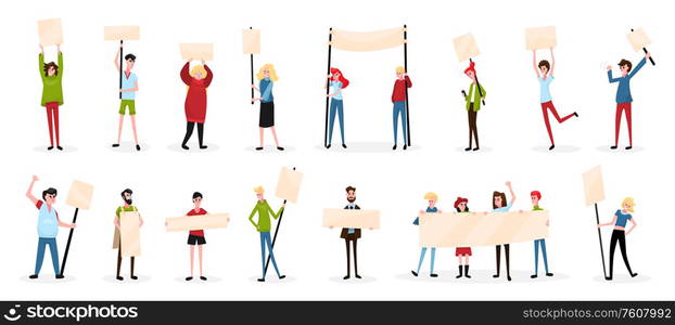 Protesting people activist sign board set with isolated characters of protesters with empty placards and shadows vector illustration