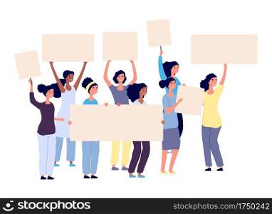 Protesting women. International female characters with placards. Isolated active girls power, feminism vector illustration. Woman protest and demonstration, young power activism. Protesting women. International female characters with placards. Isolated active girls power, feminism vector illustration