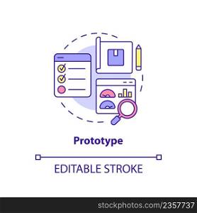 Prototype concept icon. Experimental product version. Design thinking process abstract idea thin line illustration. Isolated outline drawing. Editable stroke. Arial, Myriad Pro-Bold fonts used. Prototype concept icon