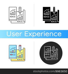 Prototyping icon. Mobile application development. Data research, information analysis. Performance test. User experience. Linear black and RGB color styles. Isolated vector illustrations. Prototyping icon