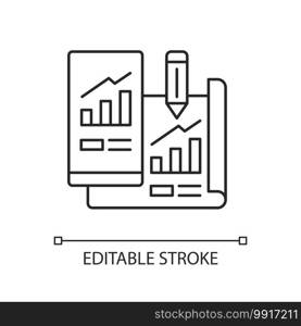 Prototyping linear icon. Mobile application development. Data research, information analysis. Thin line customizable illustration. Contour symbol. Vector isolated outline drawing. Editable stroke. Prototyping linear icon