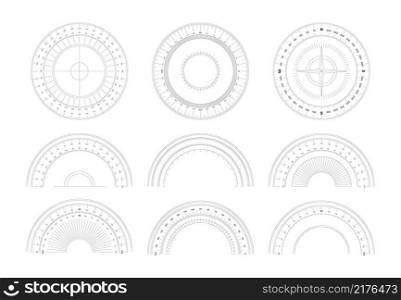 Protractor. 360 degree measurement shapes with numbers and symbols circular shapes of scale goniometer garish vector templates set. Protractor measure degree, math and geometry illustration. Protractor. 360 degree measurement shapes with numbers and symbols circular shapes of scale goniometer garish vector templates set