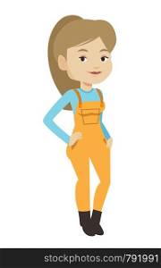 Proud caucasian female farmer in overalls standing with hand in her pocket. Illustration of full lenght of young satisfied female farmer. Vector flat design illustration isolated on white background.. Proud caucasian farmer vector illustration.