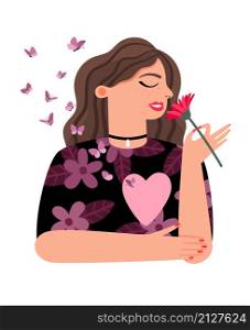 Proud girl loving yourself. Happy woman with hearts and butterflies with love herself vector illustration, person care lovely self character, confident beautiful lady healthcare. Proud girl loving yourself