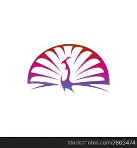 Proud peacock with spread tail feathers isolated purple peahen logo. Vector peafowl bird, exotic fowl. Purple peafowl or peacock with spread tail