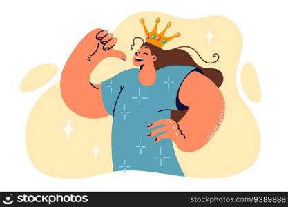 Proud teenage girl wearing crown points finger at herself, feeling ambitious and confident to succeed. Schoolgirl in golden princess crown for concept of narcissism and vanity in children. Proud teen girl wearing crown points finger at herself, feeling ambitious and confident to succeed
