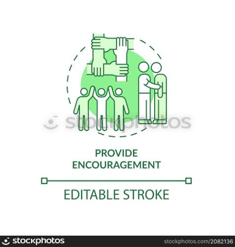 Provide encouragement green concept icon. Offering comfort to group members abstract idea thin line illustration. Isolated outline drawing. Editable stroke. Roboto-Medium, Myriad Pro-Bold fonts used. Provide encouragement green concept icon