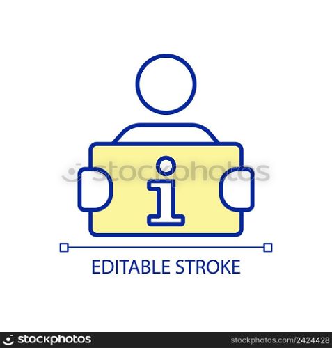 Provide information RGB color icon. Person with information board. Reception center. Volunteer organization. Isolated vector illustration. Simple filled line drawing. Editable stroke. Arial font used. Provide information RGB color icon